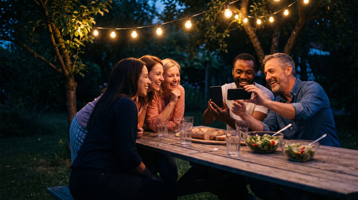 Friends laughing around a garden table in the evening