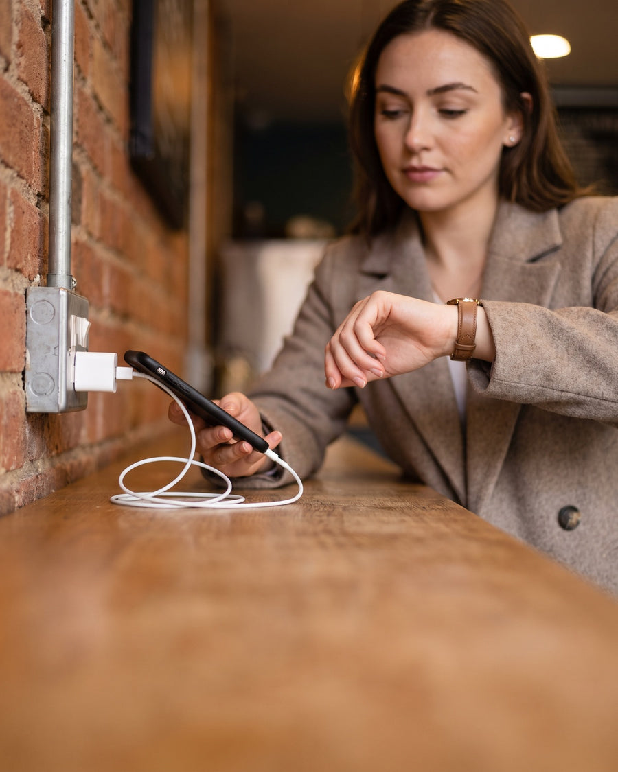 A woman at a café counter charges her phone from a wall socket and checks her watch.