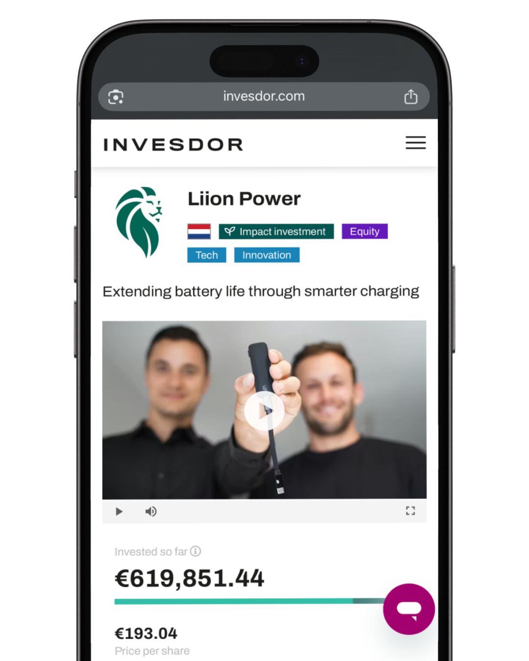The Liion Power campaign page on Invesdor, shown on a phone