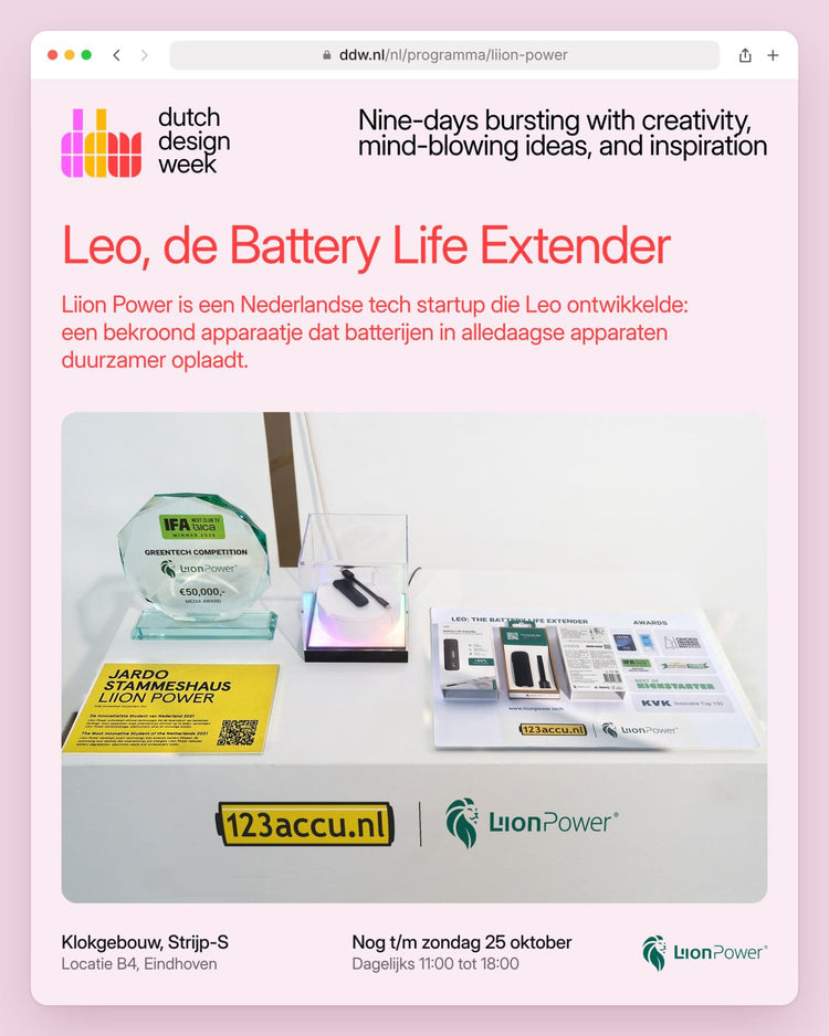 Leo on display at Dutch Design Week, with the IFA trophy and 123accu.nl, shown on the DDW program page