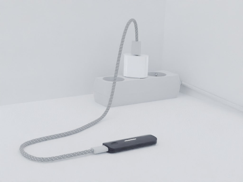 Leo connected with its cable to a USB-C charger in a power strip