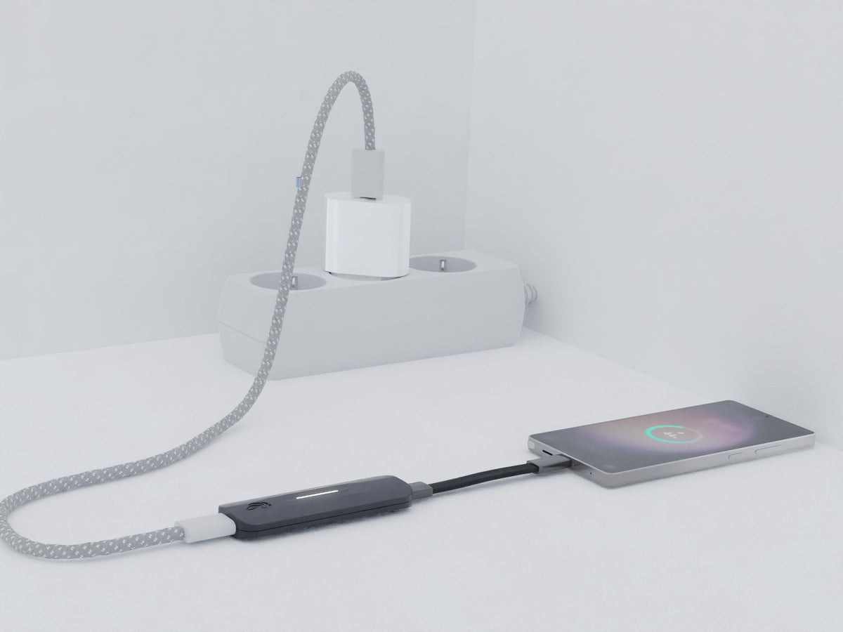 Leo between the charger cable and a phone, charging the phone