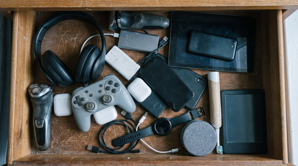 A drawer full of old rechargeable devices: headphones, phones, a game controller, shavers and power banks