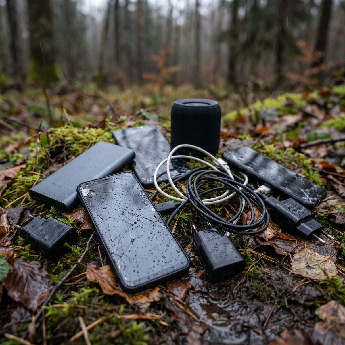 Discarded phones, a power bank, chargers and cables lying in wet moss on a forest floor