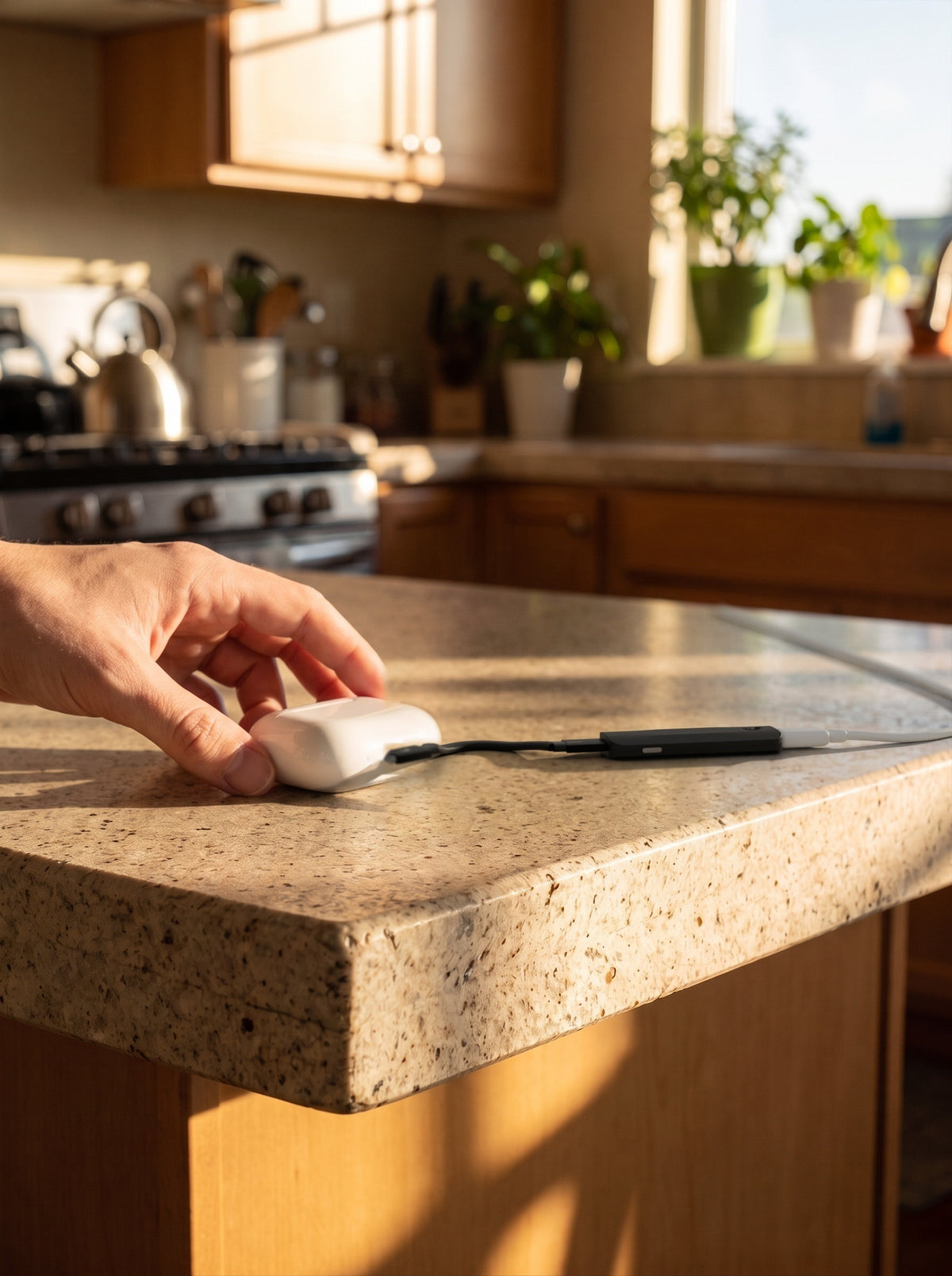 Leo charging an earbuds case on a kitchen counter