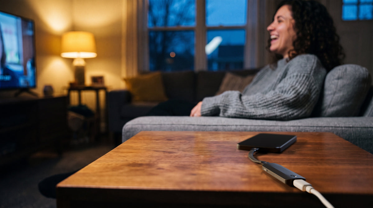 Leo charging a phone on a coffee table in a living room
