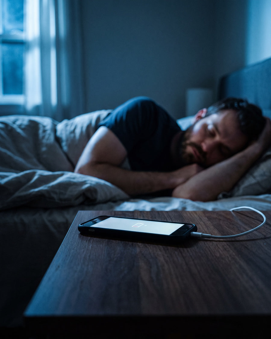 A man asleep at night while his phone charges on the bedside table.